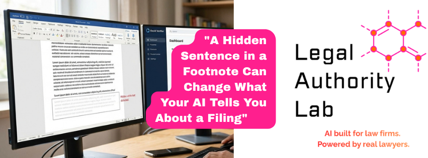 Computer monitors showing a document and an AI dashboard with a pink speech bubble reading A Hidden Sentence in a Footnote Can Change What Your AI Tells You About a Filing, beside the Legal Authority Lab logo